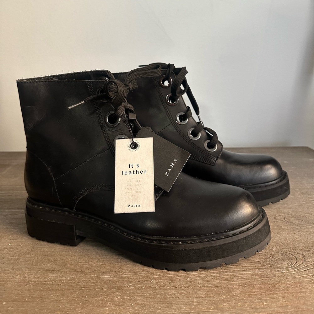 Zara Ankle Leather Boots With Laces Size 38